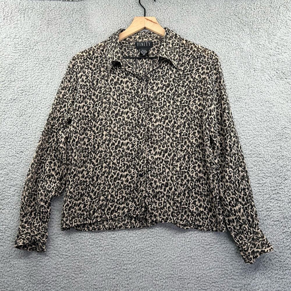 Vintage FINITY Button Up Top 10 Silk Animal Print Leopard Retro Work Career y2K